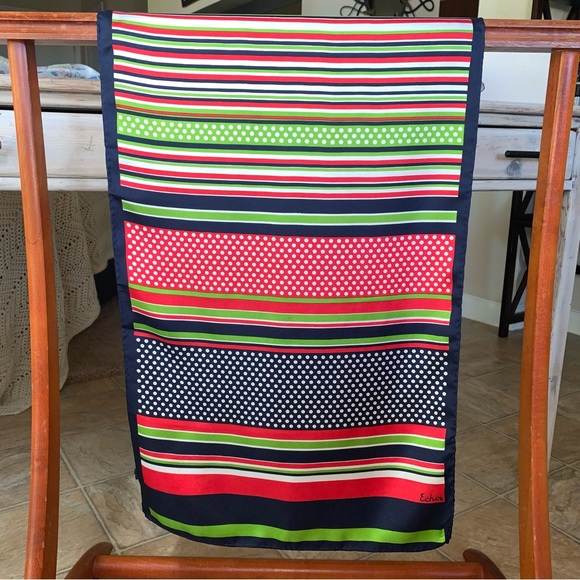 Vintage Echo 100% Pure Silk Striped Polkadot Scarf 45” x 15” - Picture 3 of 17